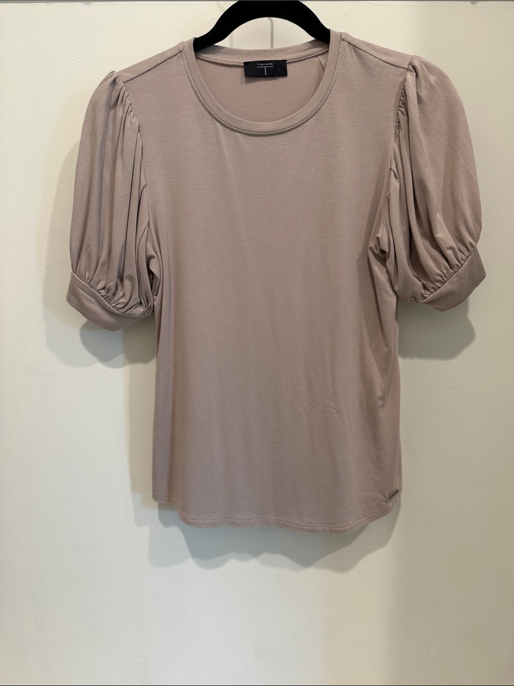 Tahari Taupe Puff Sleeve Crewneck Top